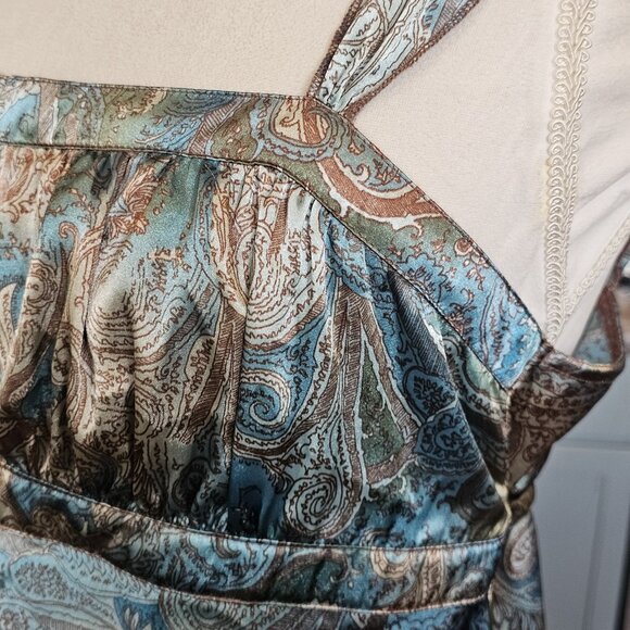 Y2K Satin Babydoll Tank Blouse Paisley Blue Brown Forest Fairy Jrs Sz L XL VTG - Picture 9 of 10
